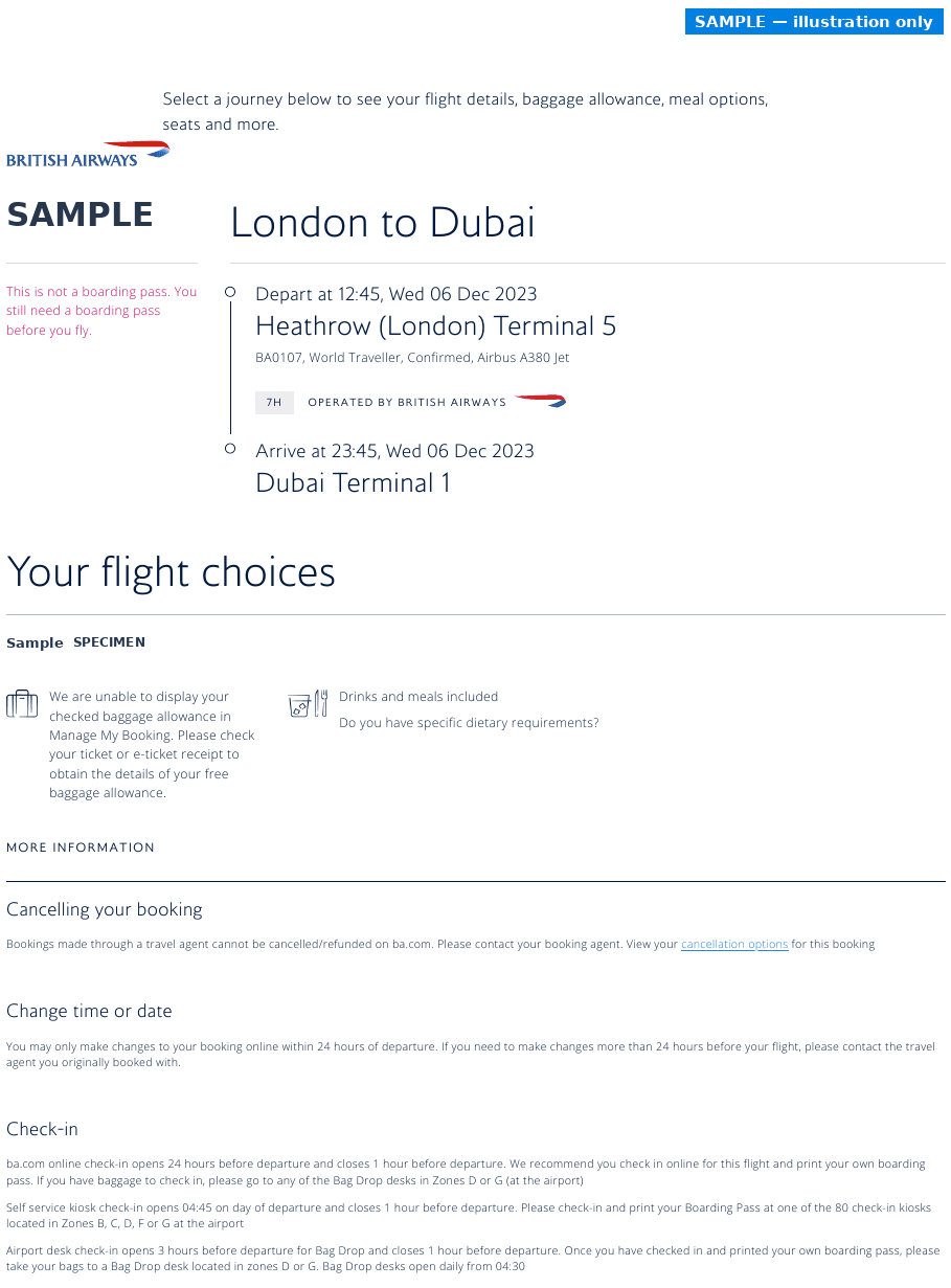 Sample British Airways booking confirmation with the passenger name blurred