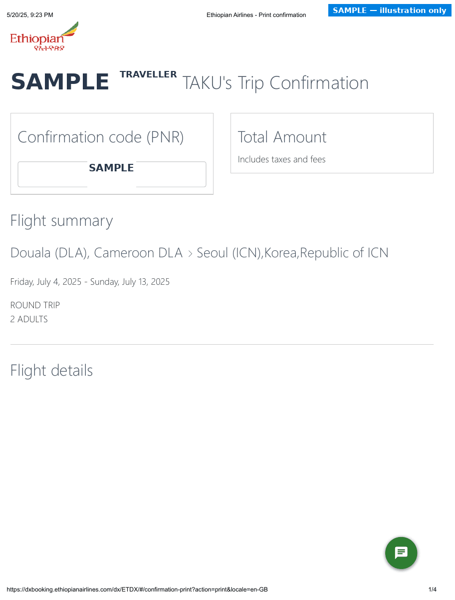 Sample Ethiopian Airlines booking confirmation with the passenger name blurred