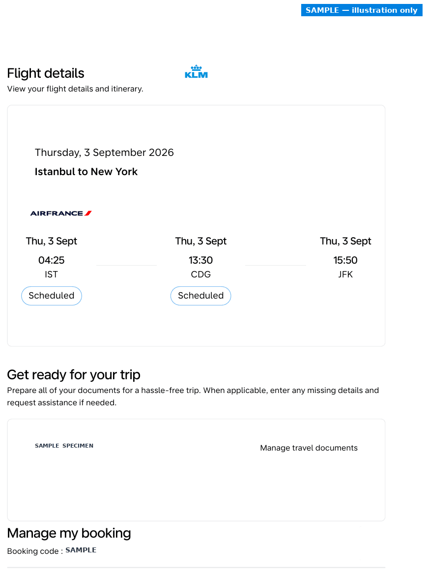 Sample KLM booking confirmation with the passenger name blurred