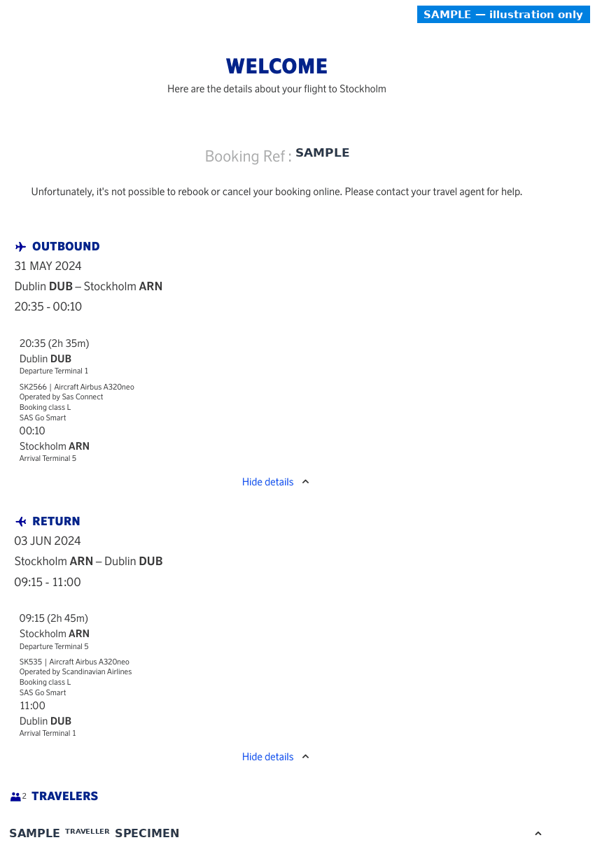 Sample SAS booking confirmation with the passenger name blurred