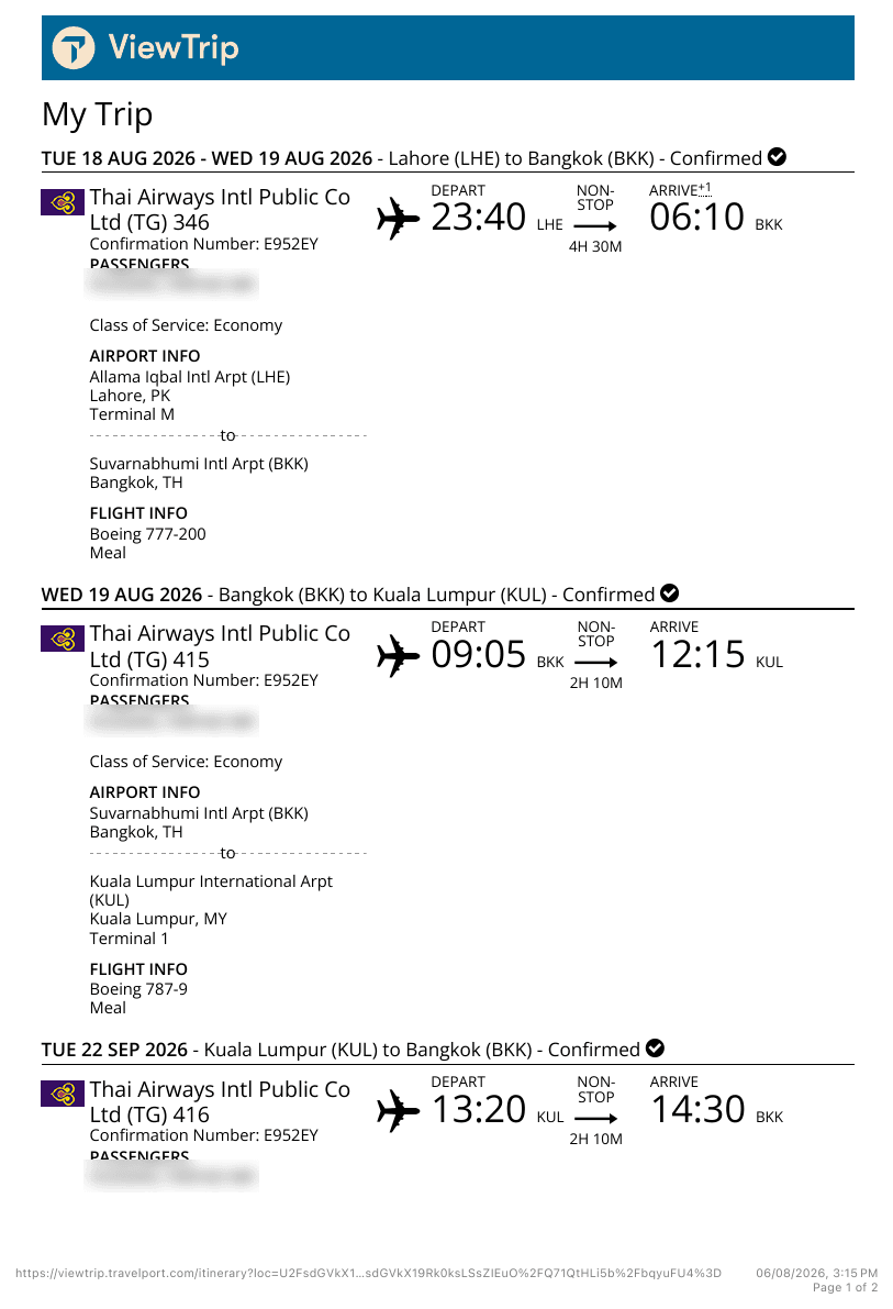 Sample Onward Sample 1 booking confirmation with the passenger name blurred