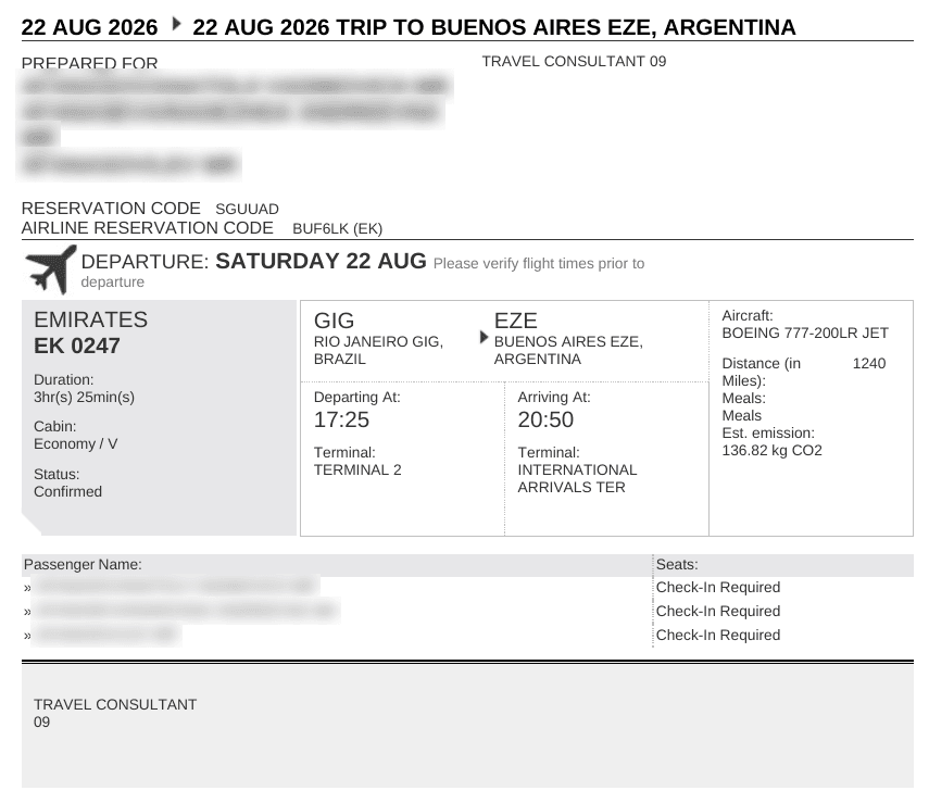 Sample Onward Sample 2 booking confirmation with the passenger name blurred