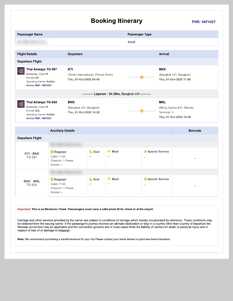 Sample Onward Sample 3 booking confirmation with the passenger name blurred